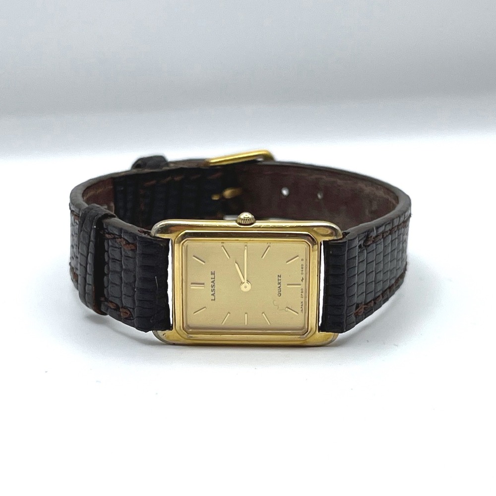 Lassale Quartz Watch Gold Tone Rectangular Case Brown Lizard Strap 2F50-5009 RO